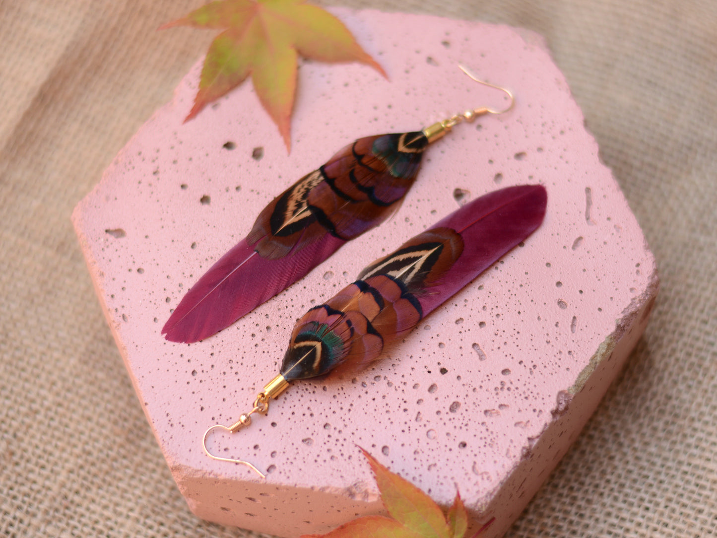 Plum and Copper Pheasant Feather Earrings