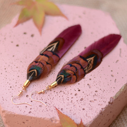 Plum and Copper Pheasant Feather Earrings