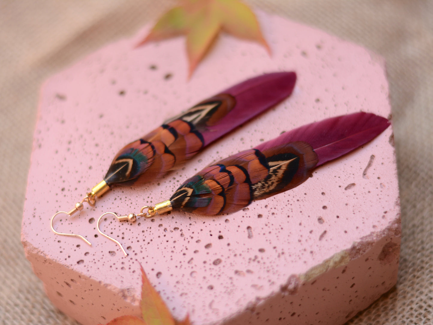 Plum and Copper Pheasant Feather Earrings