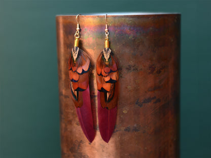Plum and Copper Pheasant Feather Earrings