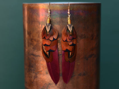 Plum and Copper Pheasant Feather Earrings