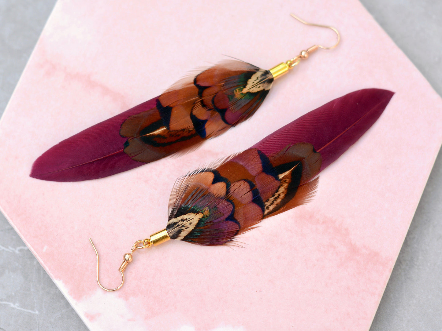Plum and Copper Pheasant Feather Earrings