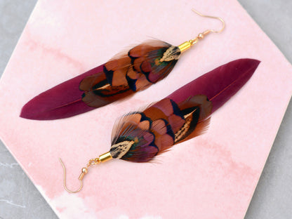 Plum and Copper Pheasant Feather Earrings