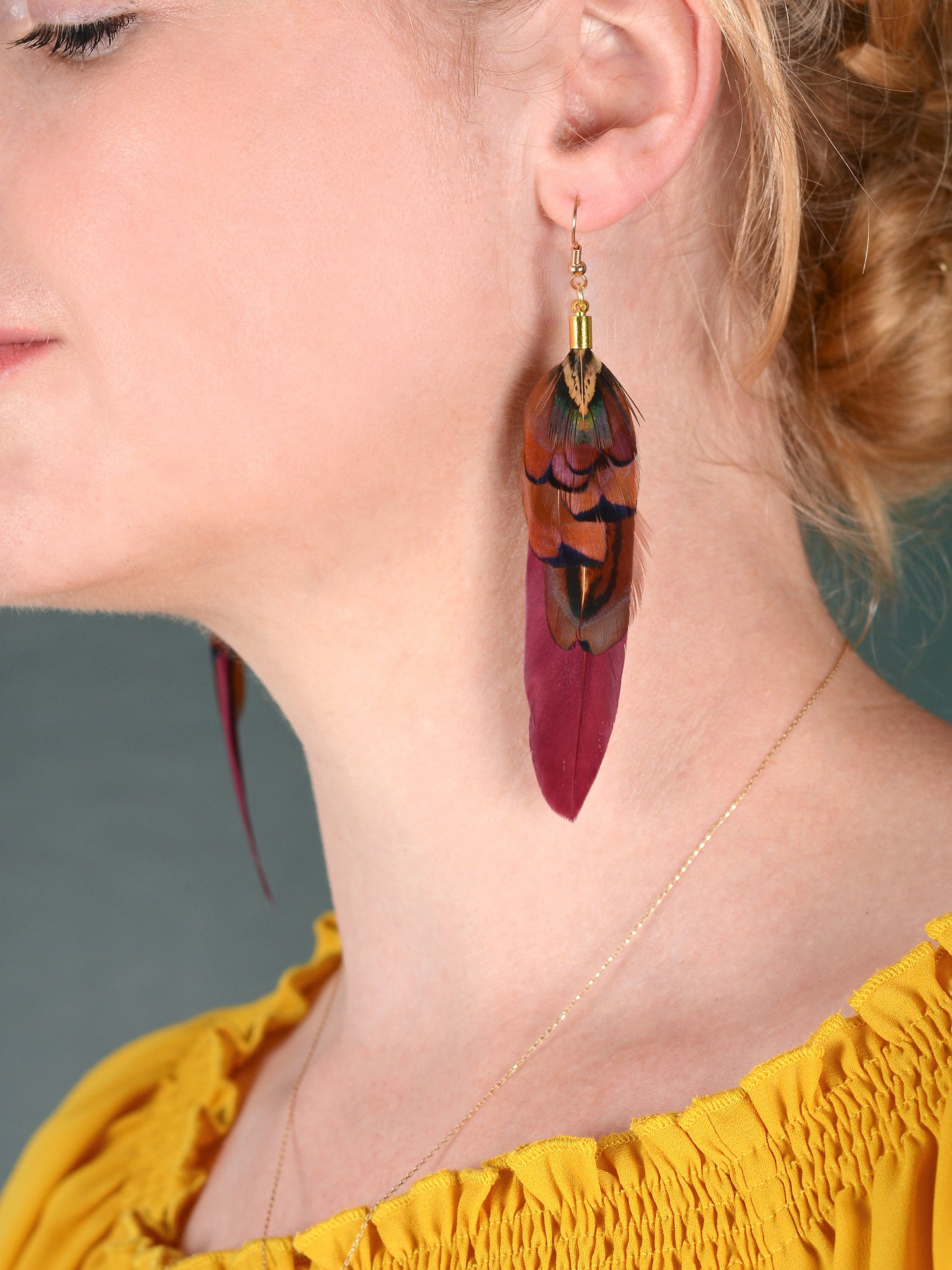 Plum and Copper Pheasant Feather Earrings