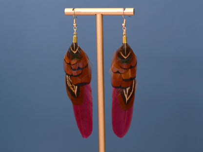 Plum and Copper Pheasant Feather Earrings