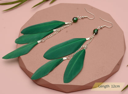 Long Feather Earrings in Emerald Green with Crystal Beads