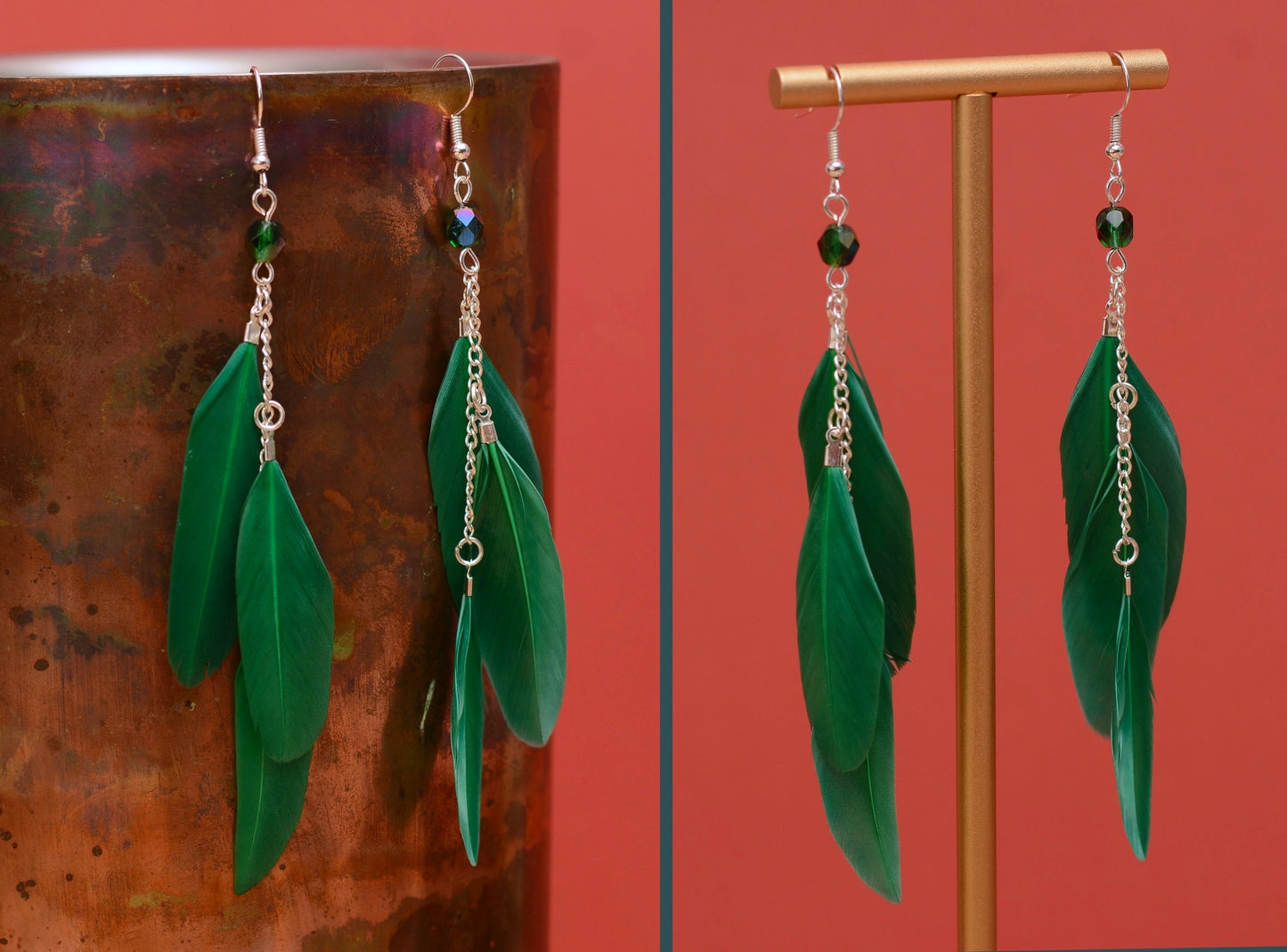 Long Feather Earrings in Emerald Green with Crystal Beads
