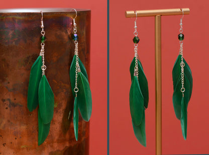 Long Feather Earrings in Emerald Green with Crystal Beads