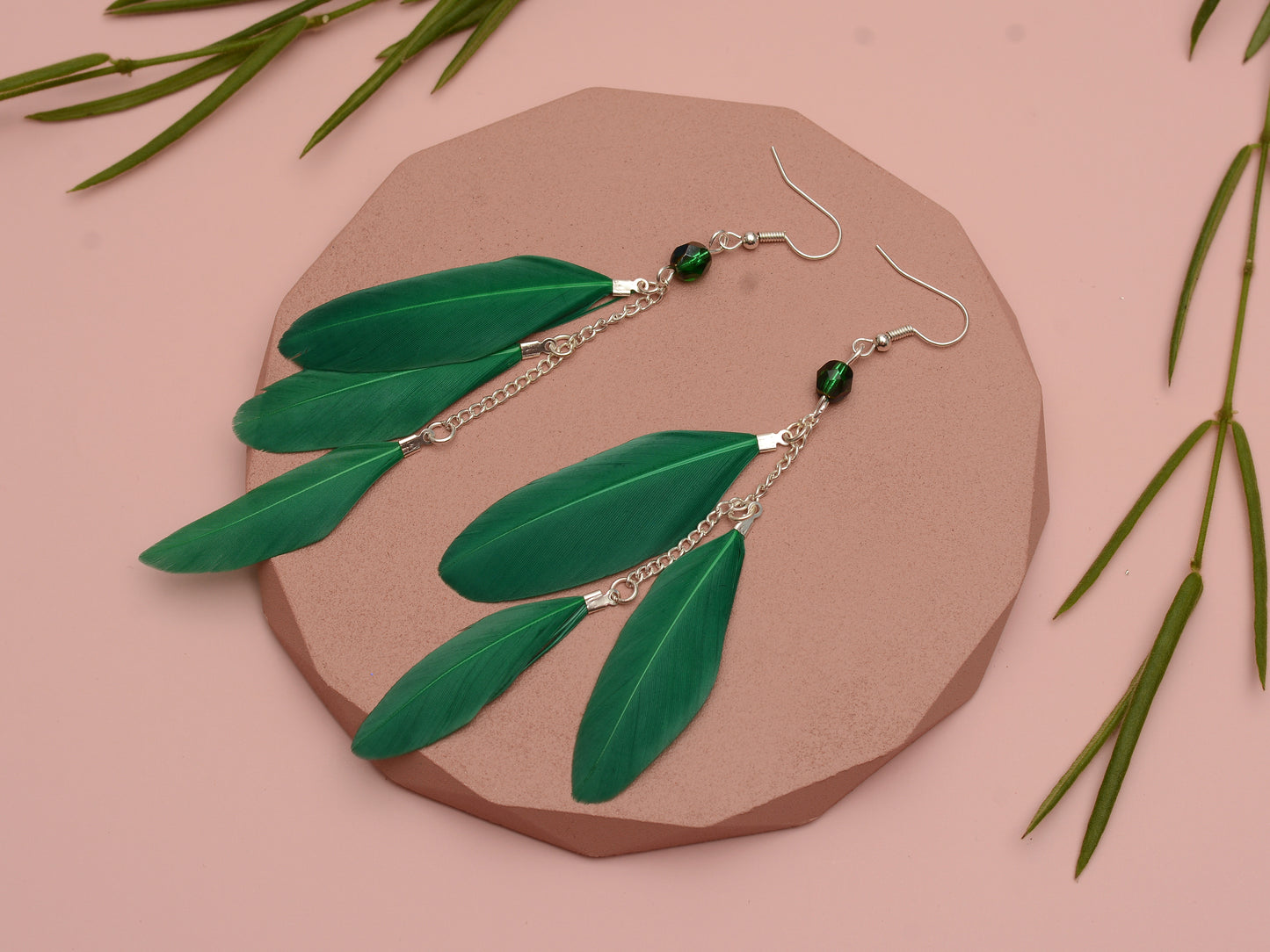 Long Feather Earrings in Emerald Green with Crystal Beads