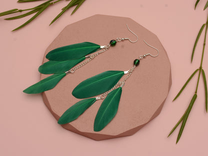 Long Feather Earrings in Emerald Green with Crystal Beads