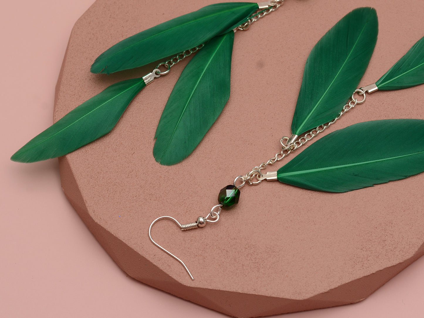 Long Feather Earrings in Emerald Green with Crystal Beads