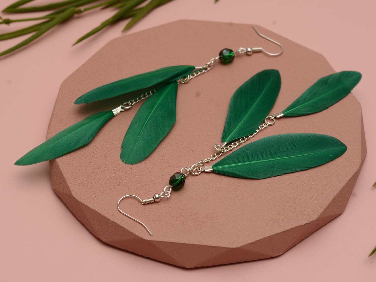 Long Feather Earrings in Emerald Green with Crystal Beads