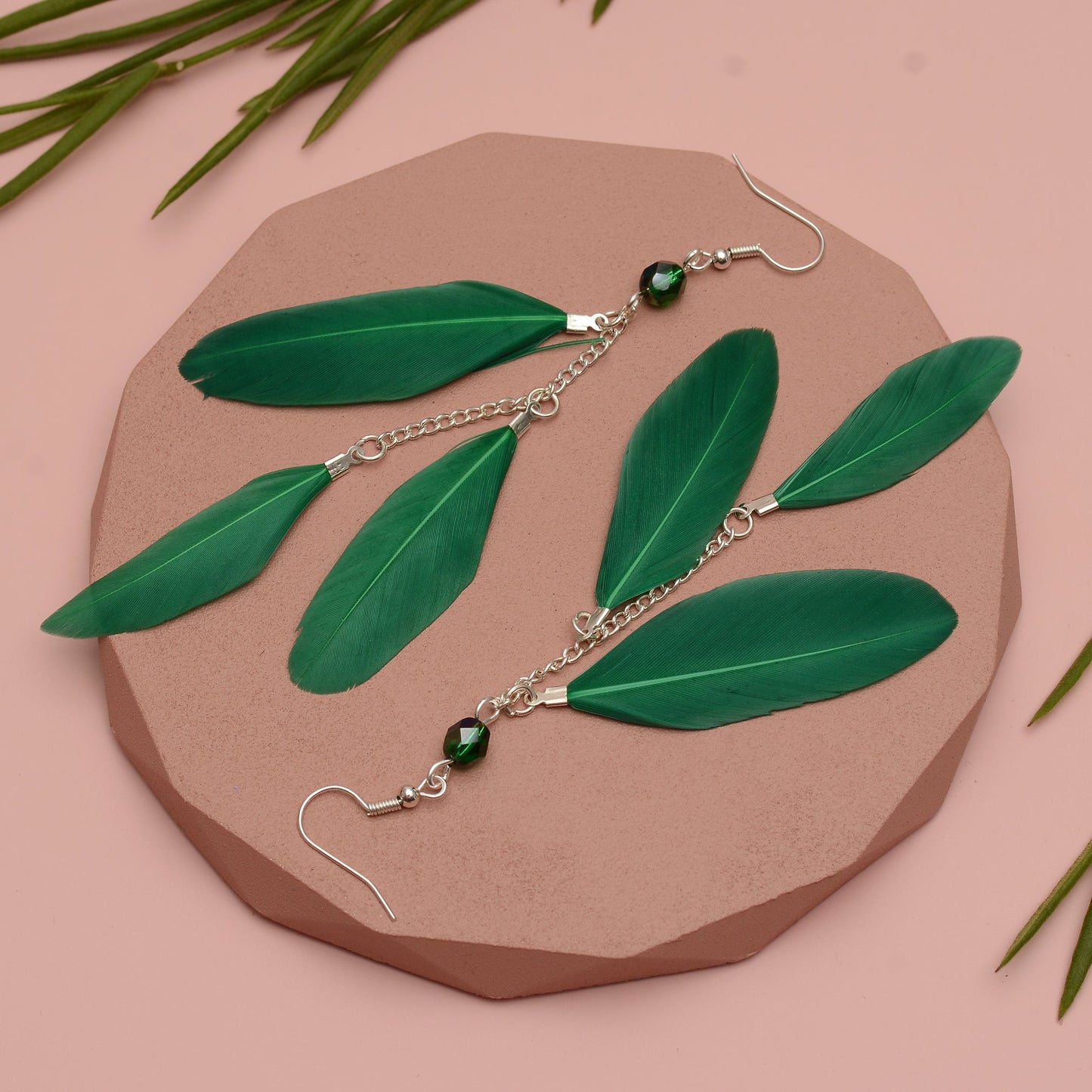 Long Feather Earrings in Emerald Green with Crystal Beads