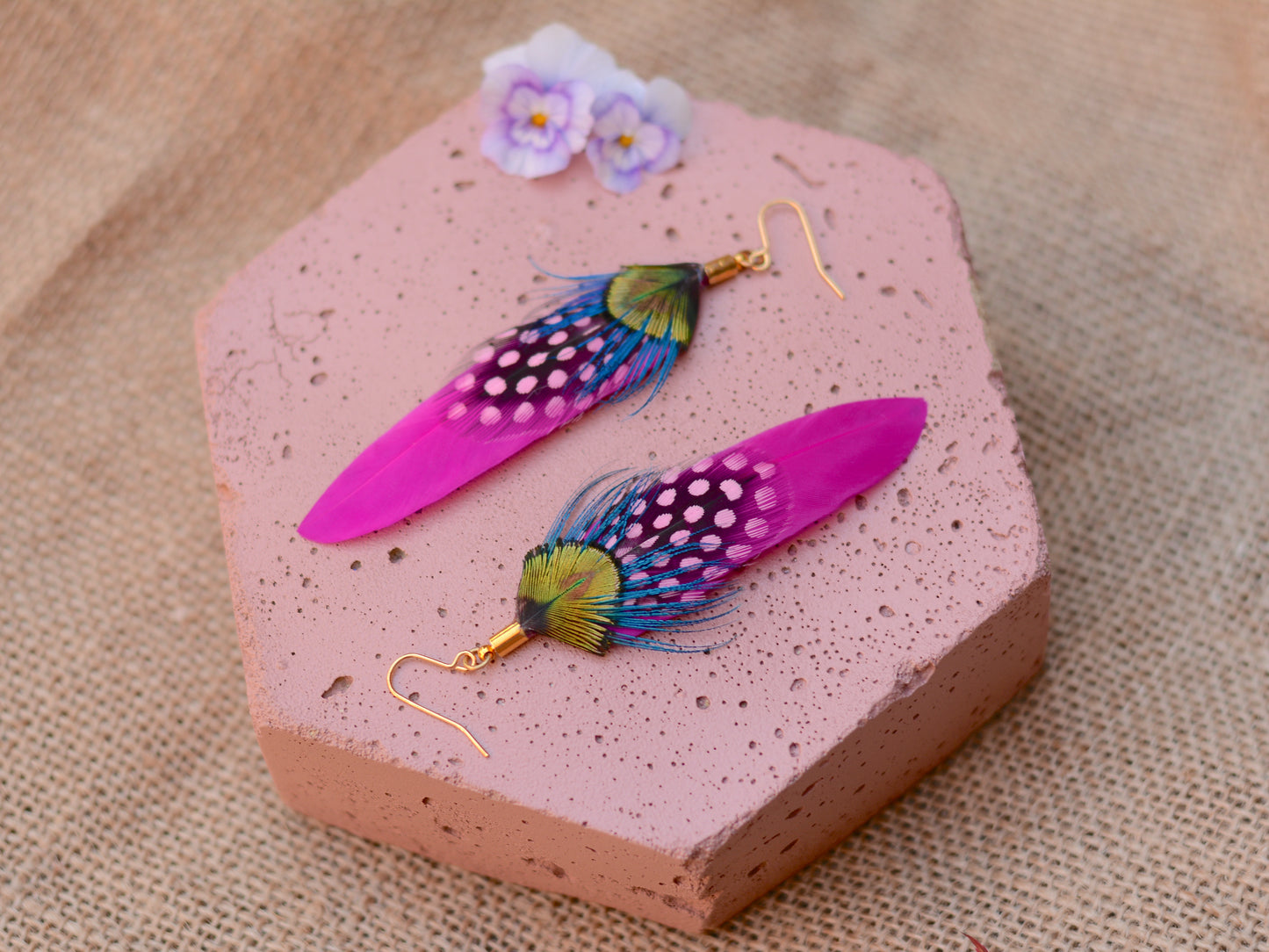 Hot Pink Gold and Turquoise Large Feather Earrings