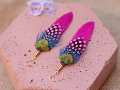 Hot Pink Gold and Turquoise Large Feather Earrings