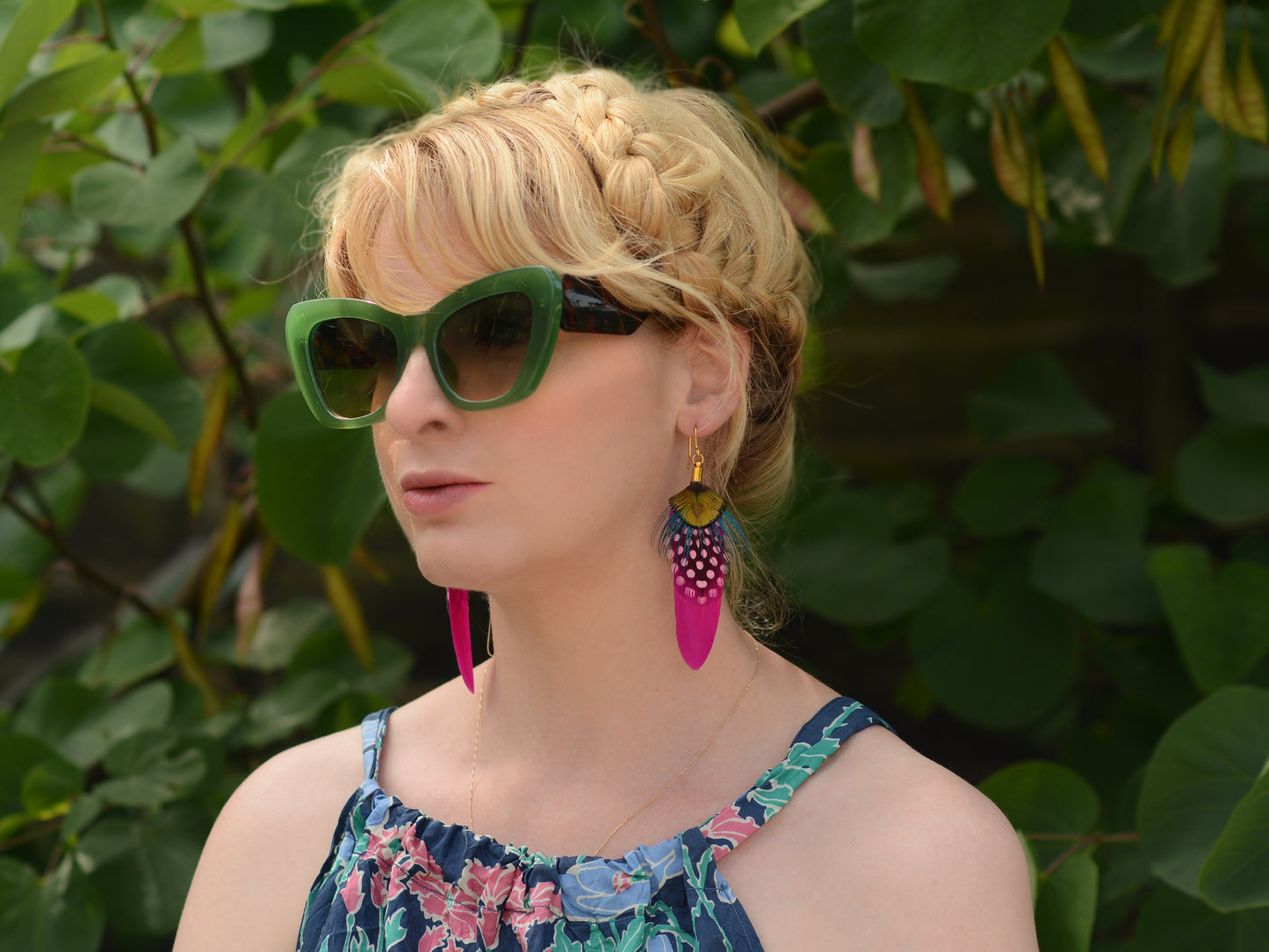 Hot Pink Gold and Turquoise Large Feather Earrings