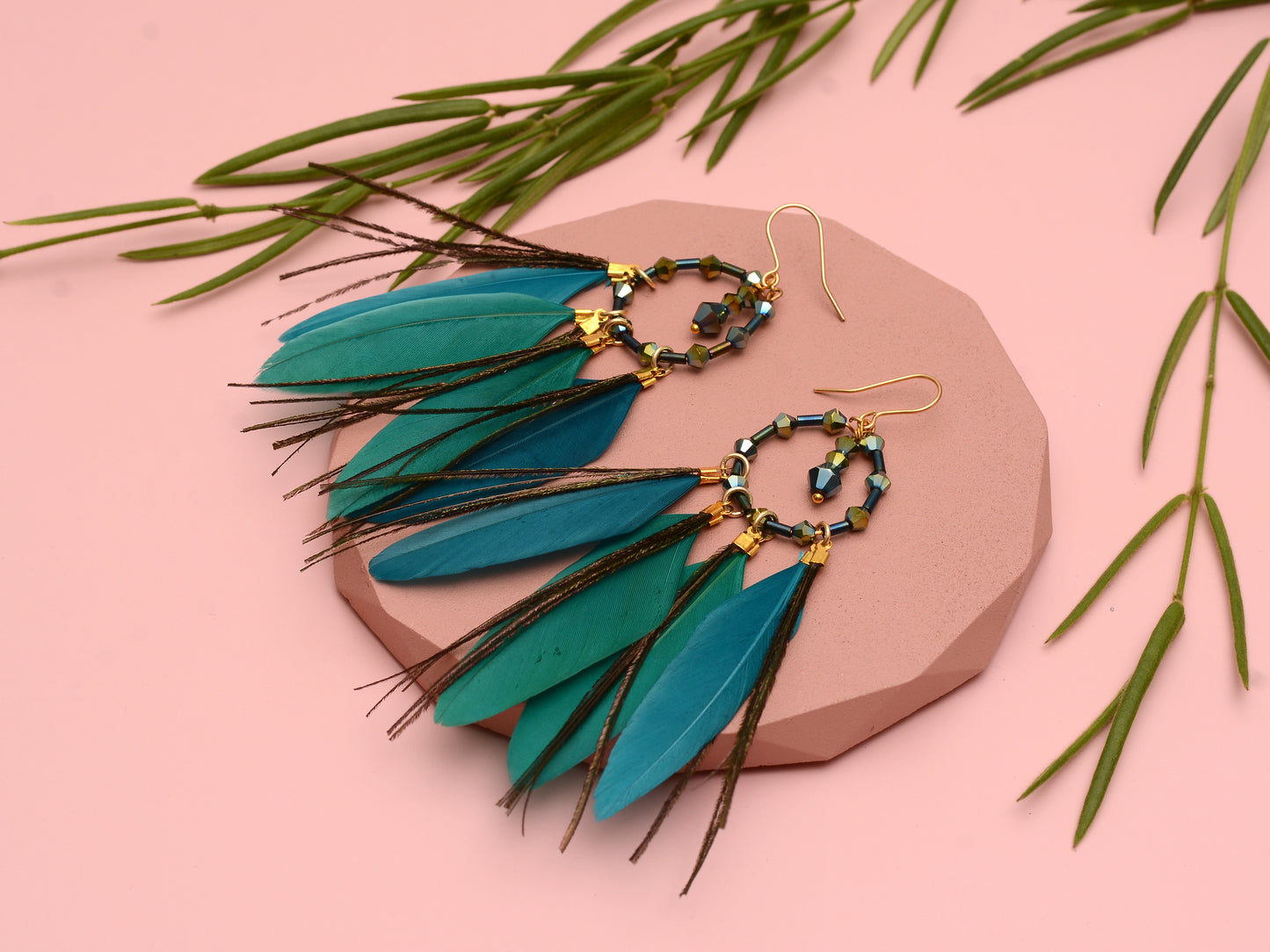 Feather Dream Catcher Earrings in Peacock Blue with Crystal Beads