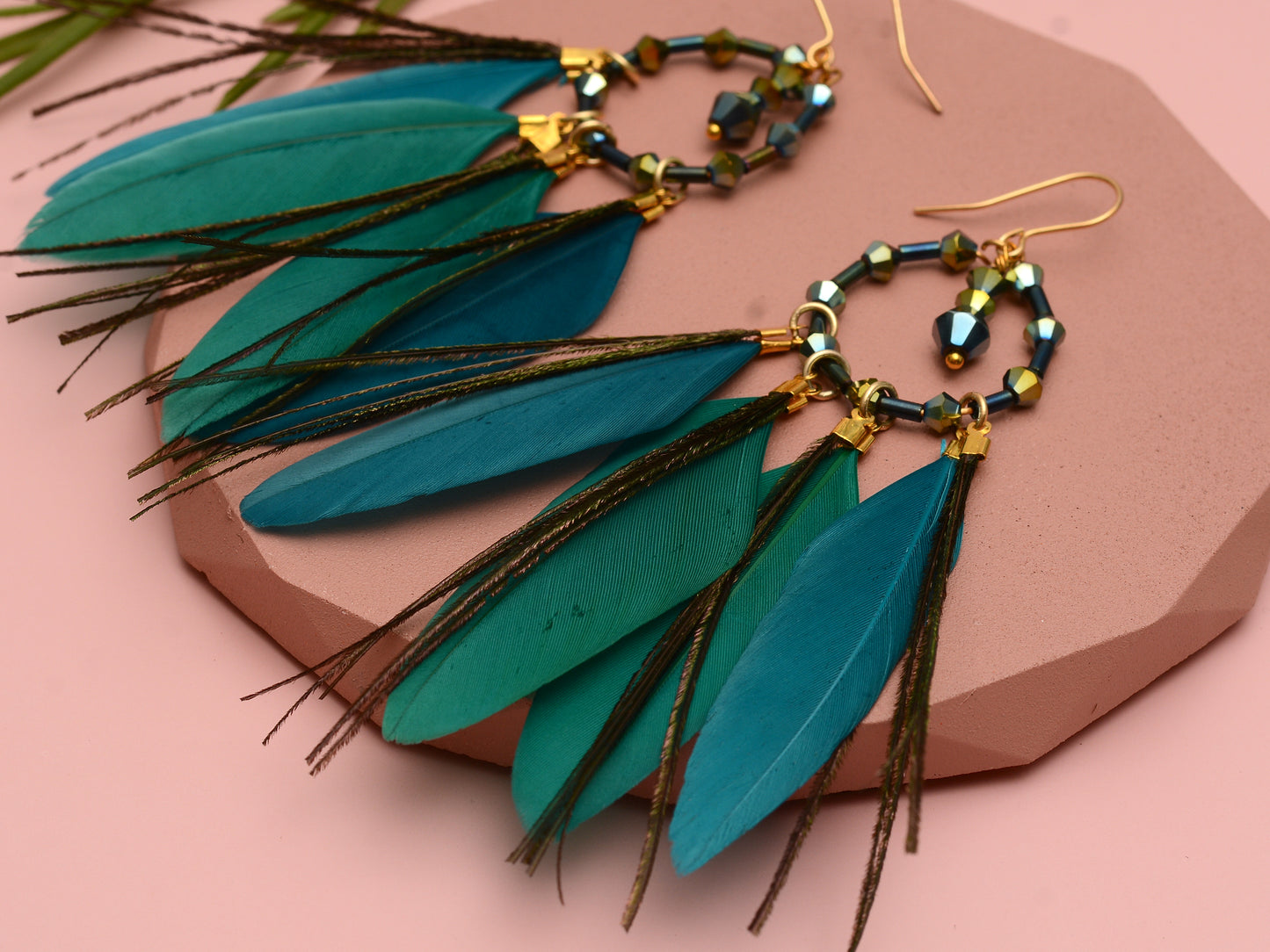 Feather Dream Catcher Earrings in Peacock Blue with Crystal Beads