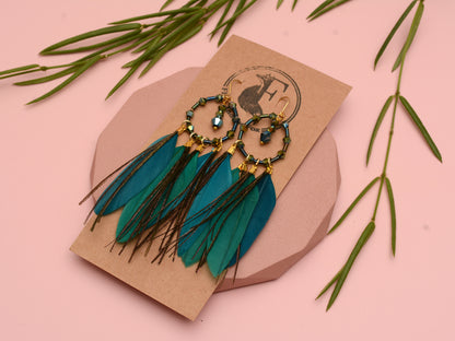 Feather Dream Catcher Earrings in Peacock Blue with Crystal Beads