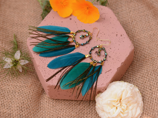Feather Dream Catcher Earrings in Peacock Blue with Crystal Beads