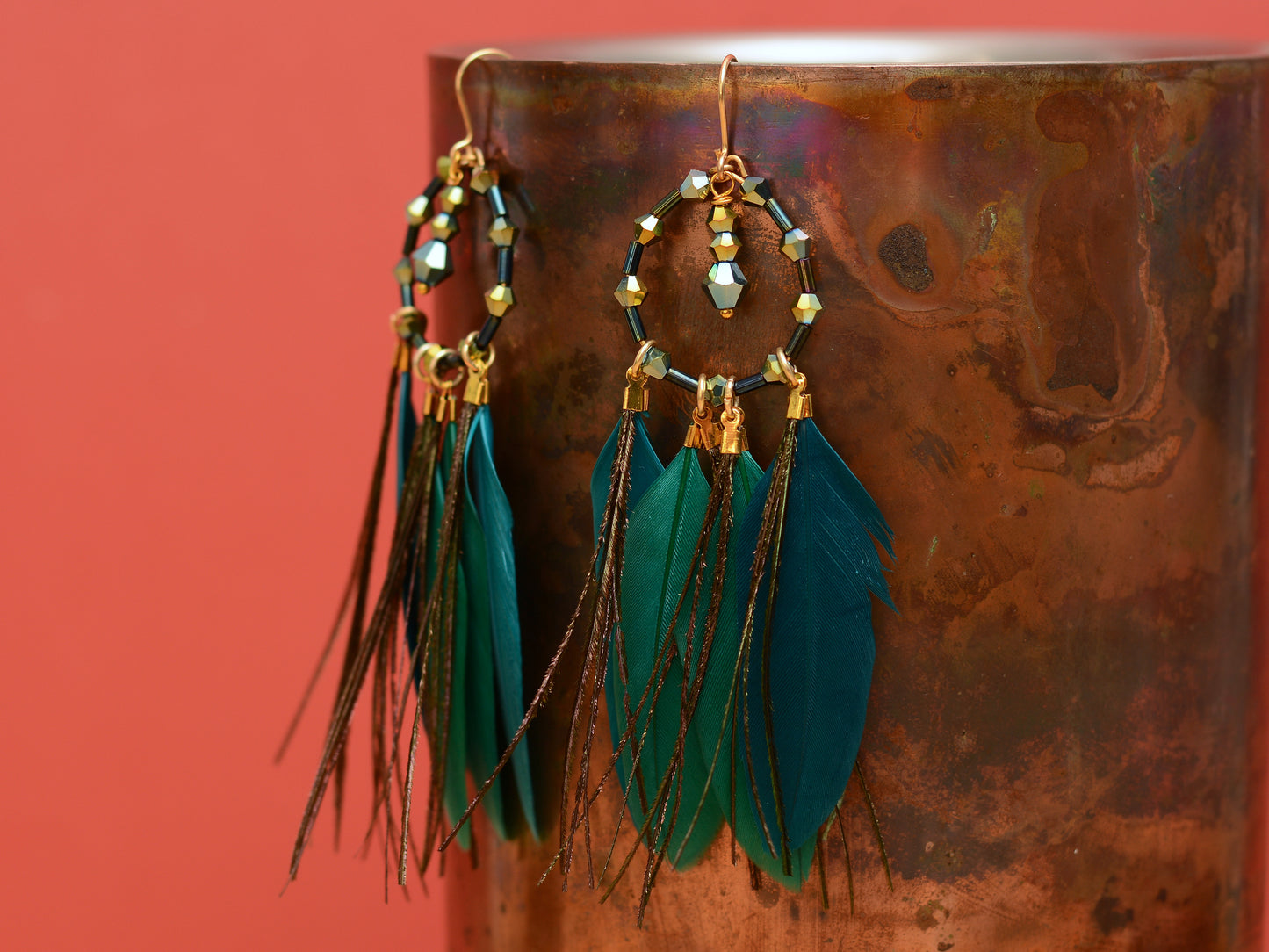 Feather Dream Catcher Earrings in Peacock Blue with Crystal Beads
