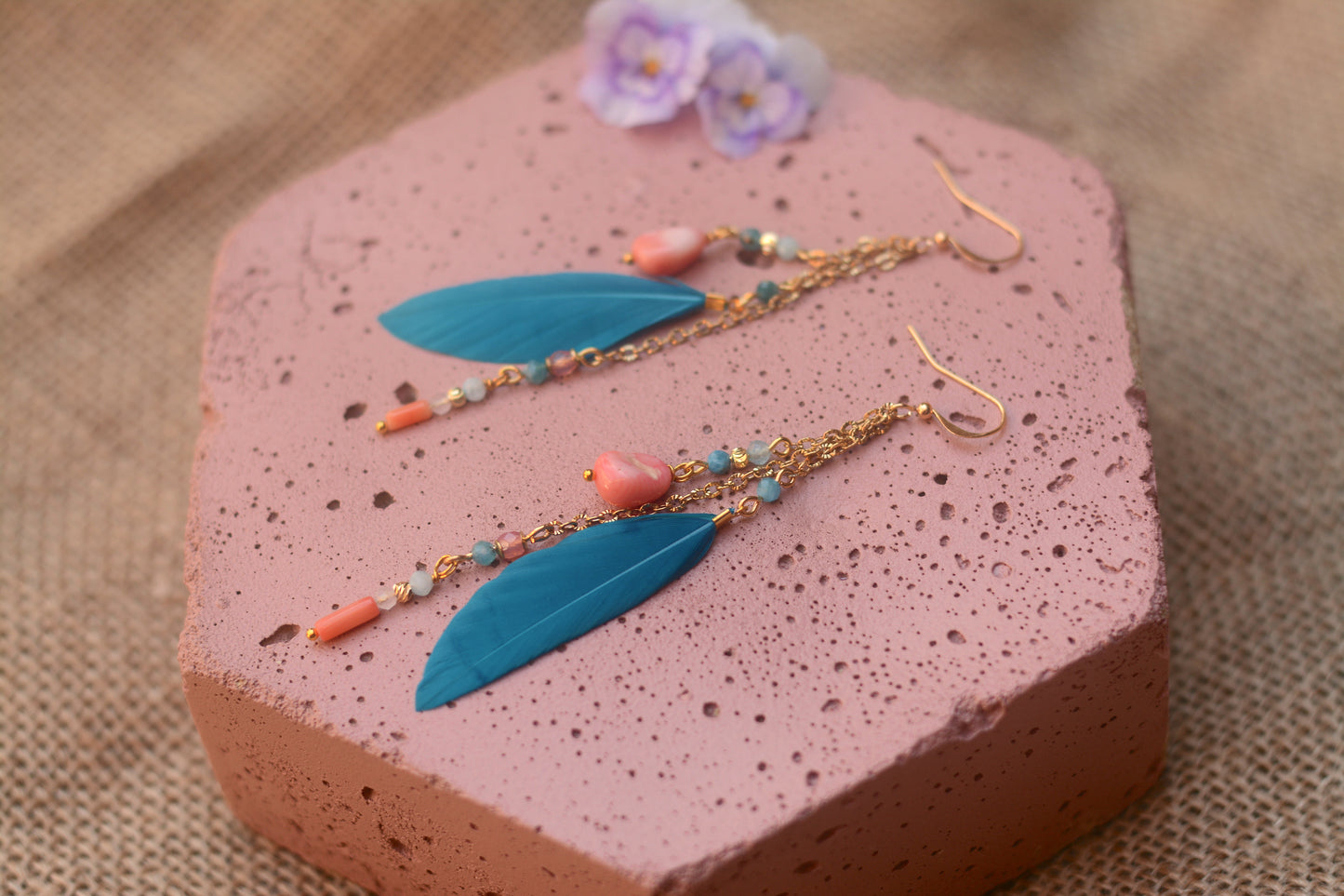 Ocean Breeze Coral and Teal Beaded Feather Earrings