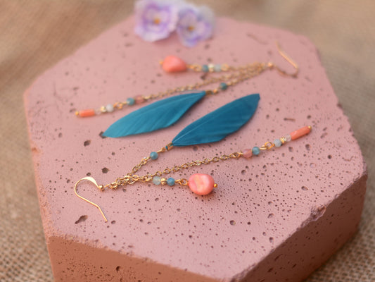 Ocean Breeze Coral and Teal Beaded Feather Earrings