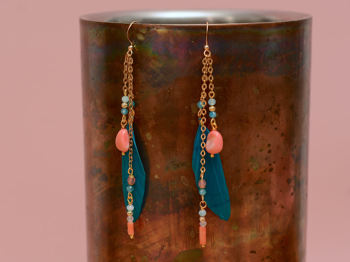 Ocean Breeze Coral and Teal Beaded Feather Earrings