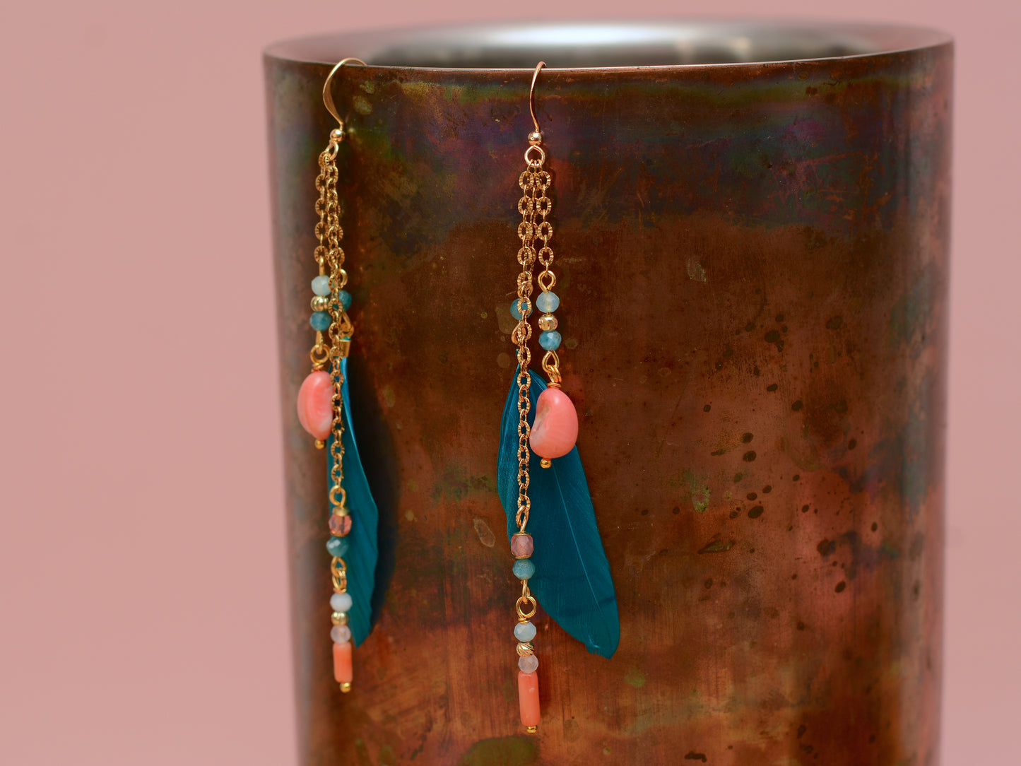 Ocean Breeze Coral and Teal Beaded Feather Earrings