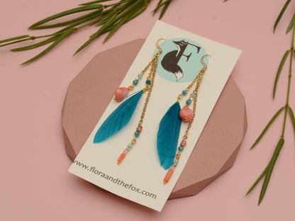 Ocean Breeze Coral and Teal Beaded Feather Earrings