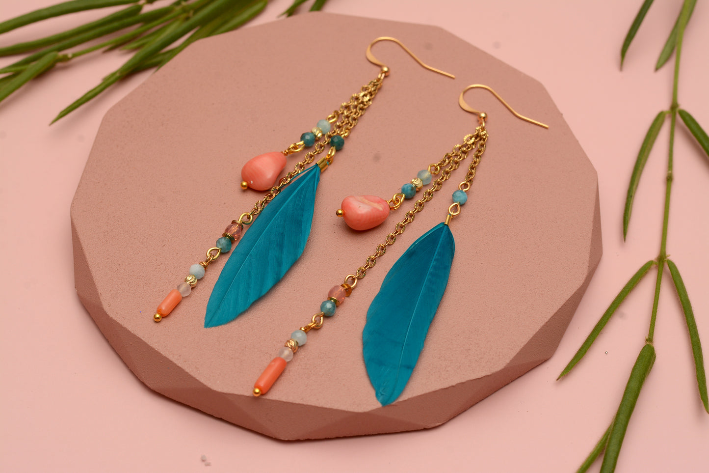 Ocean Breeze Coral and Teal Beaded Feather Earrings