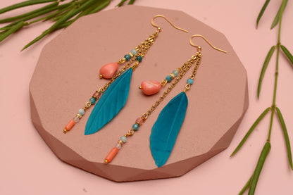 Ocean Breeze Coral and Teal Beaded Feather Earrings