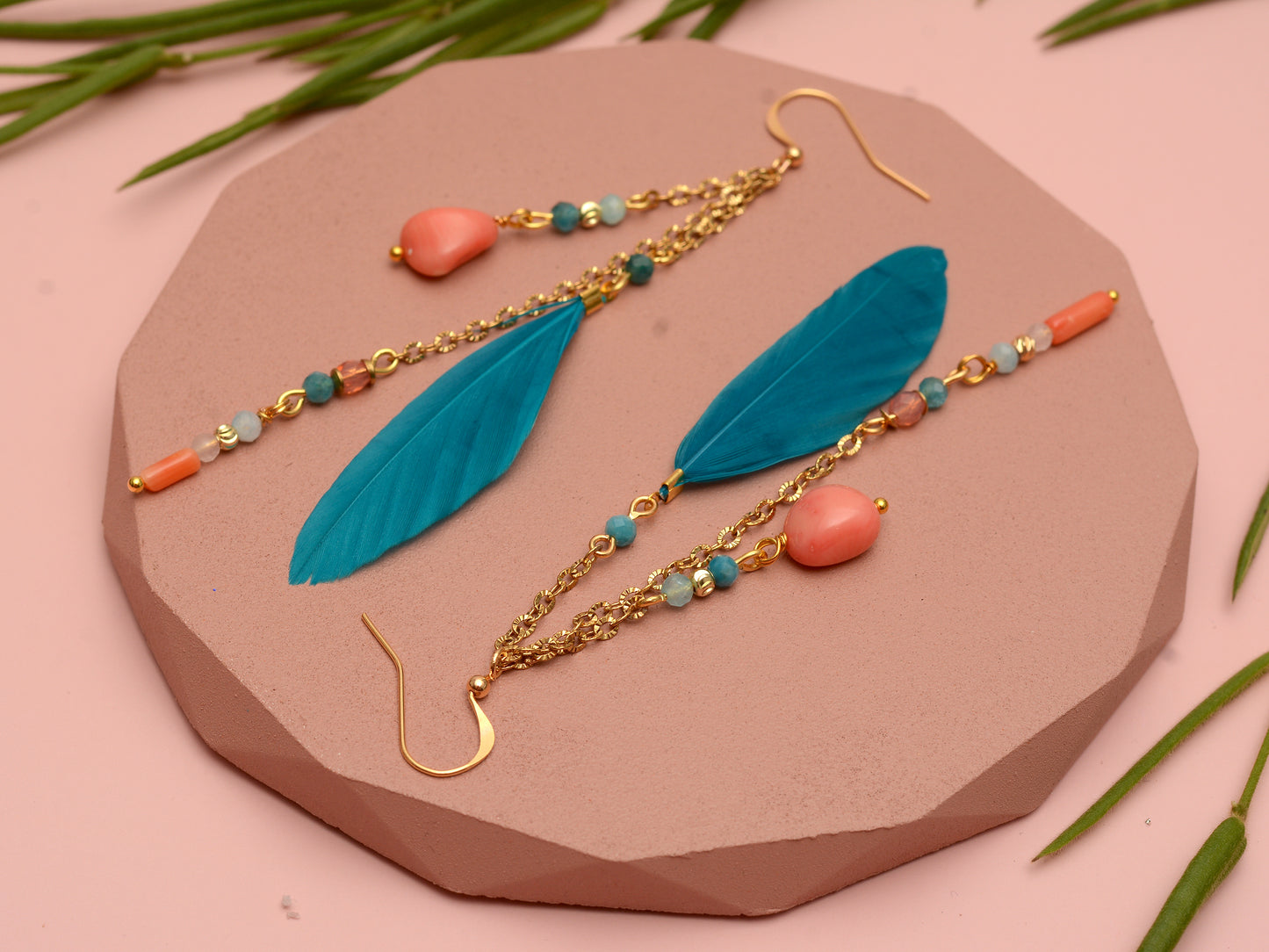 Ocean Breeze Coral and Teal Beaded Feather Earrings