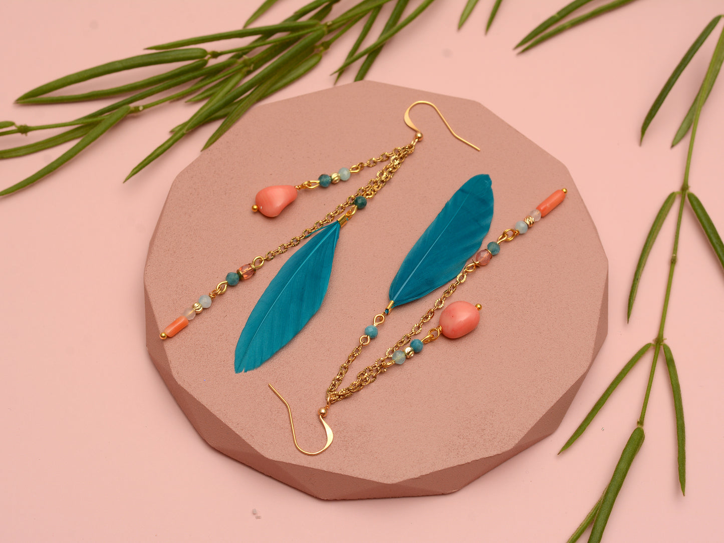 Ocean Breeze Coral and Teal Beaded Feather Earrings