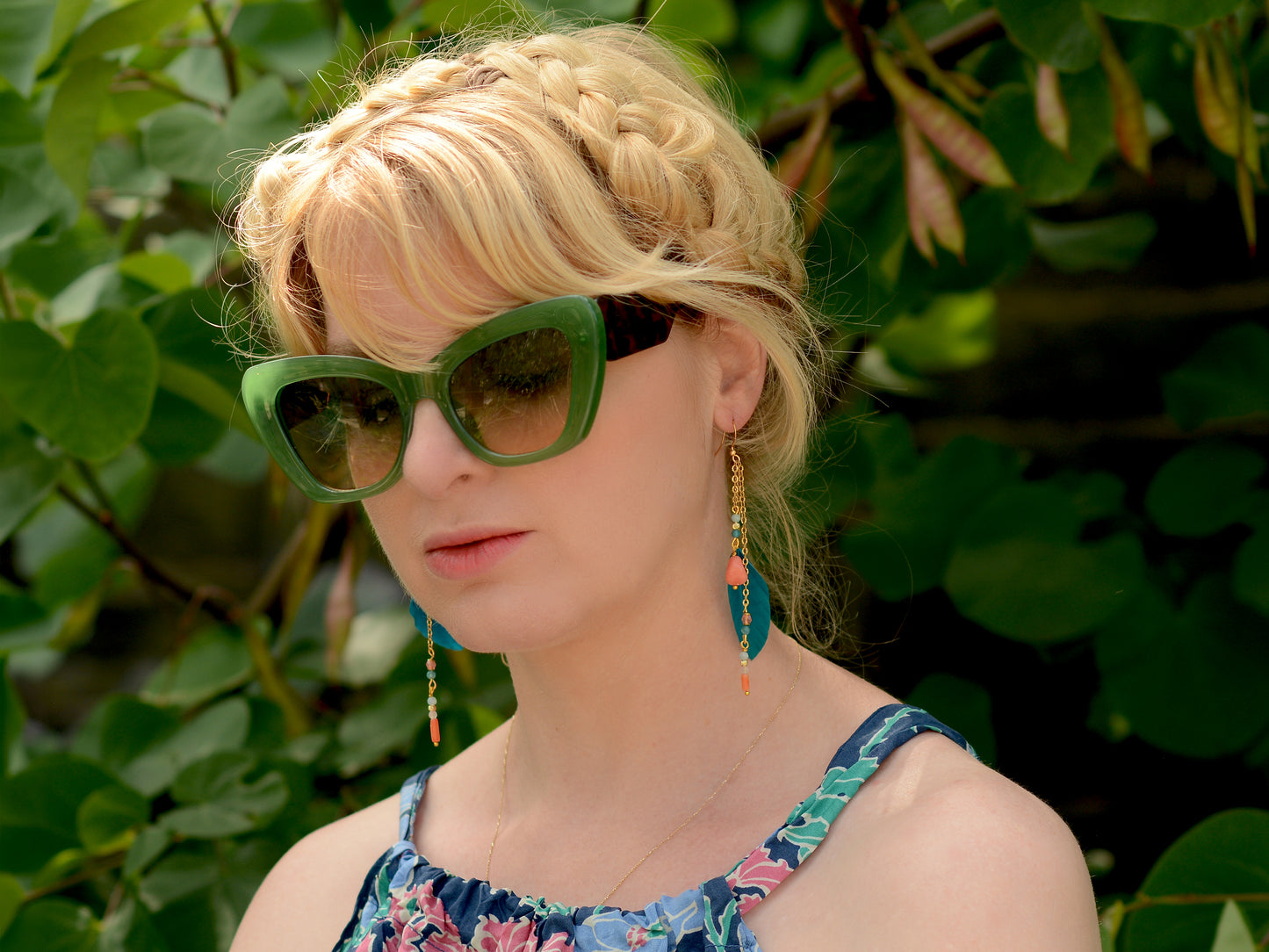 Ocean Breeze Coral and Teal Beaded Feather Earrings