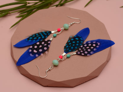 Vibrant Blue and Pink Beaded Long Feather Earrings