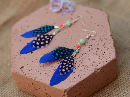Vibrant Blue and Pink Beaded Long Feather Earrings