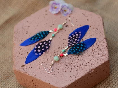 Vibrant Blue and Pink Beaded Long Feather Earrings