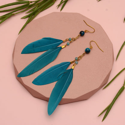 Long Feather Earrings in Peacock Blue with Natural Stone Beads