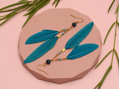 Long Feather Earrings in Peacock Blue with Natural Stone Beads