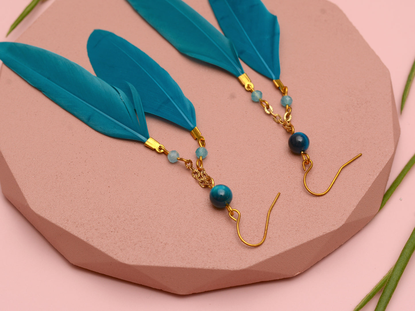 Long Feather Earrings in Peacock Blue with Natural Stone Beads