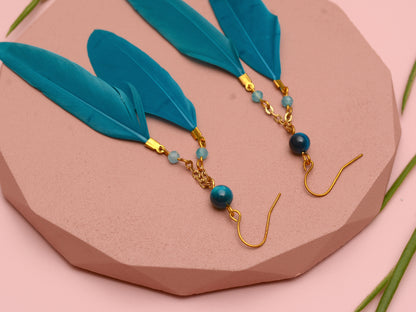Long Feather Earrings in Peacock Blue with Natural Stone Beads