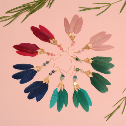 Feather and Gemstone Drop Earrings