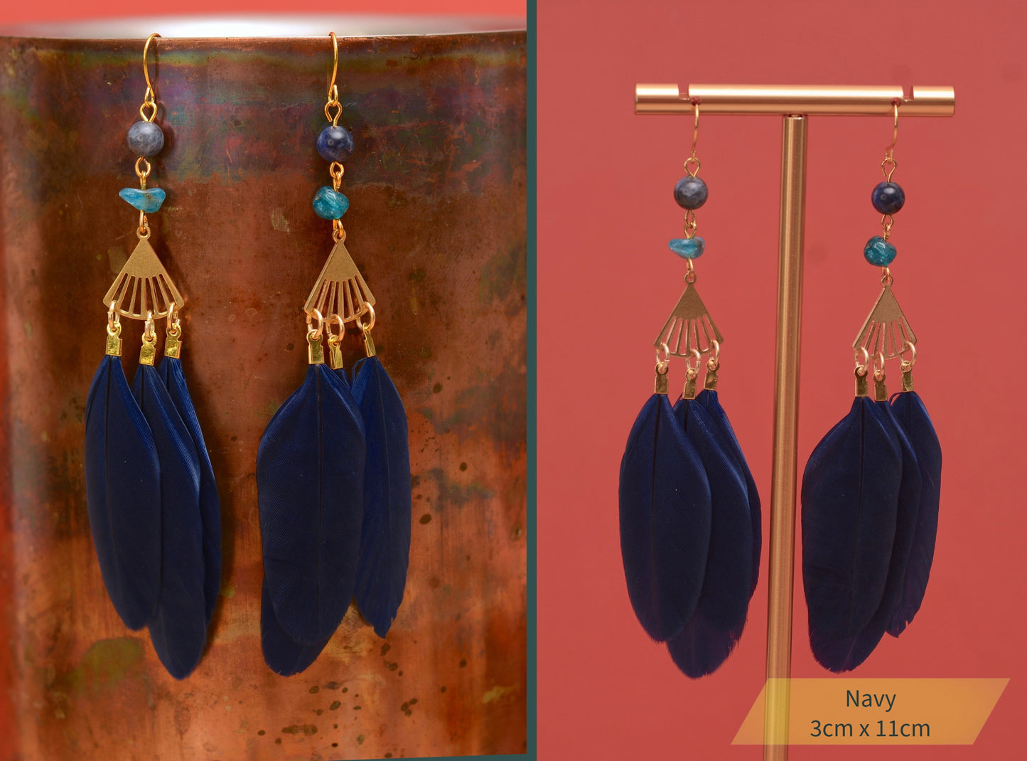 Feather and Gemstone Drop Earrings