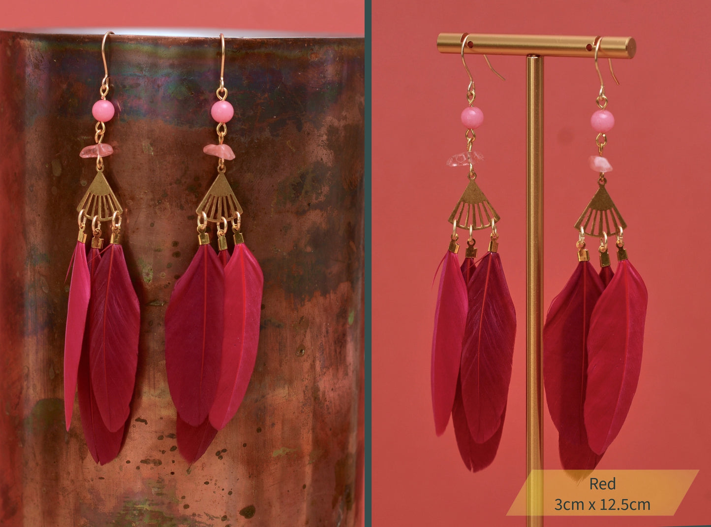 Feather and Gemstone Drop Earrings