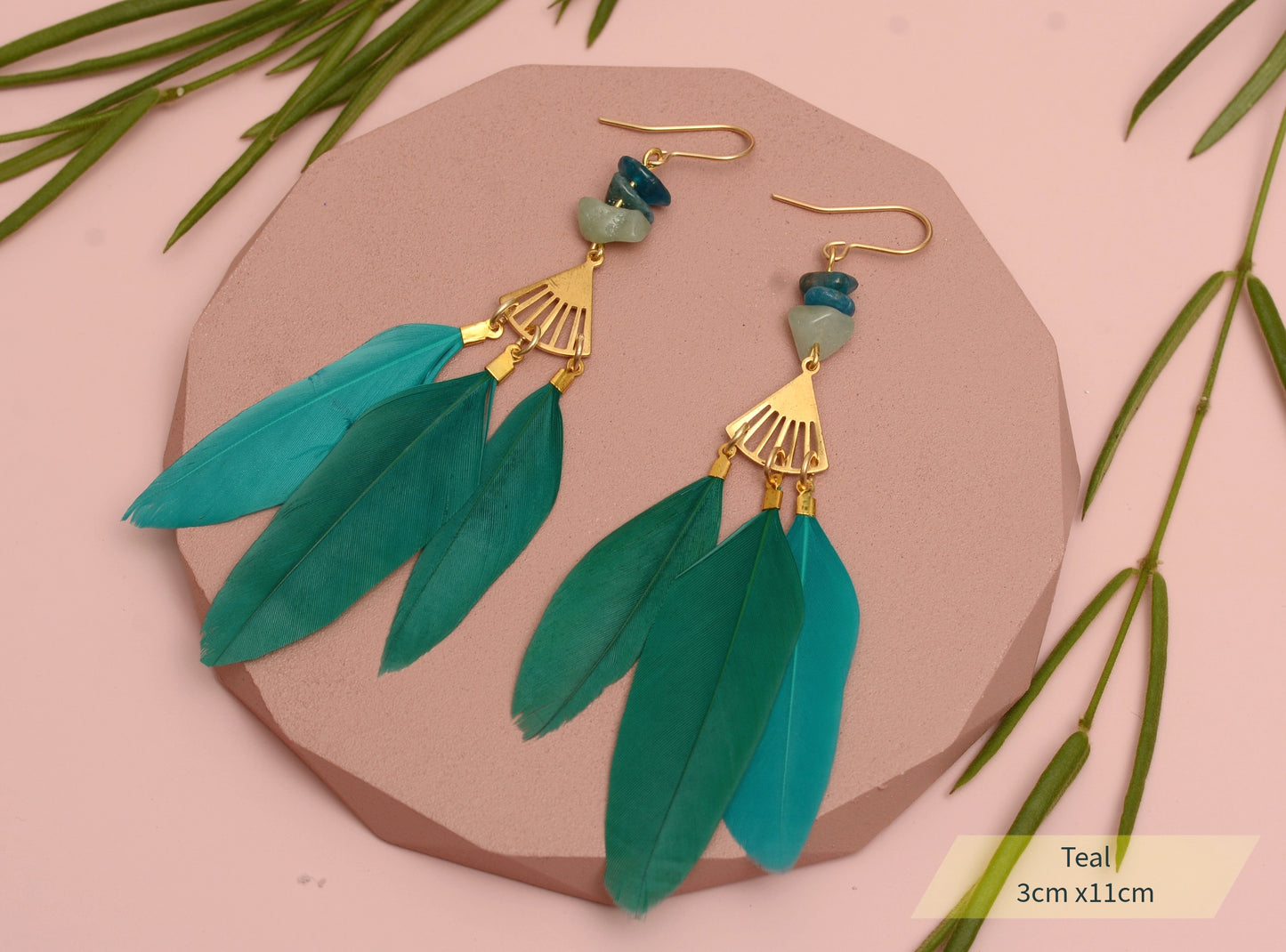 Feather and Gemstone Drop Earrings