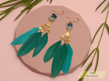 Feather and Gemstone Drop Earrings