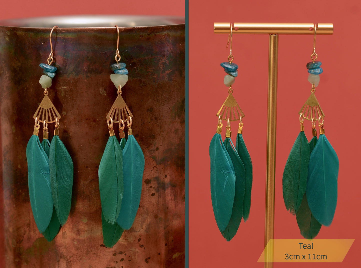 Feather and Gemstone Drop Earrings