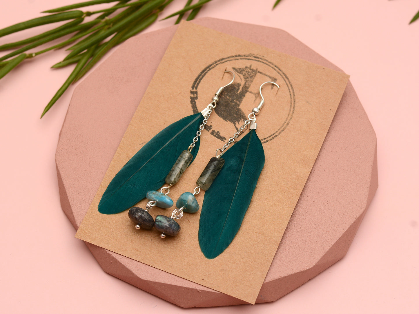 Teal Turquoise Drop Feather Earrings with Aquamarine Stone Chip Beads