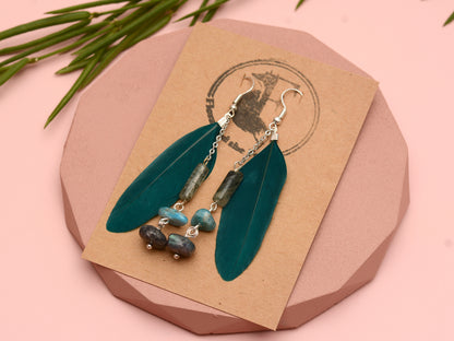 Teal Turquoise Drop Feather Earrings with Aquamarine Stone Chip Beads